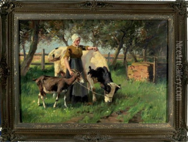 Magd Mit Kuh Und Ziege Auf Der Weide Oil Painting - Johann Daniel Holz