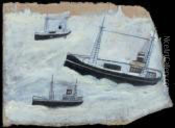 Three Fishing Boats On The Sea Oil Painting - Alfred Wallis