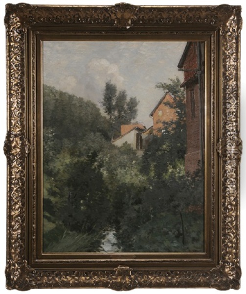 Brook Running By Houses Oil Painting - William Clusmann