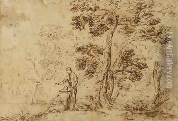 Two figures by a tree near a river Oil Painting - Salvator Rosa
