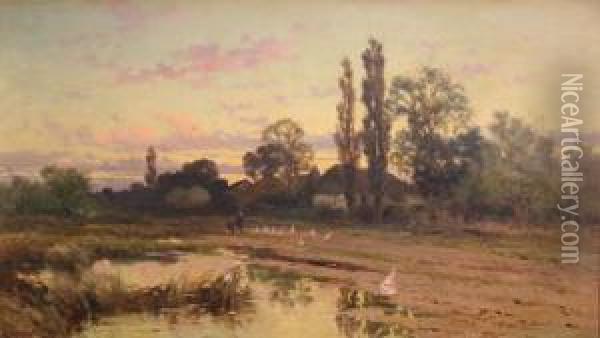 Figures Walking Towards A Farmstead Neargeese And A Pond Oil Painting - John Horace Hooper