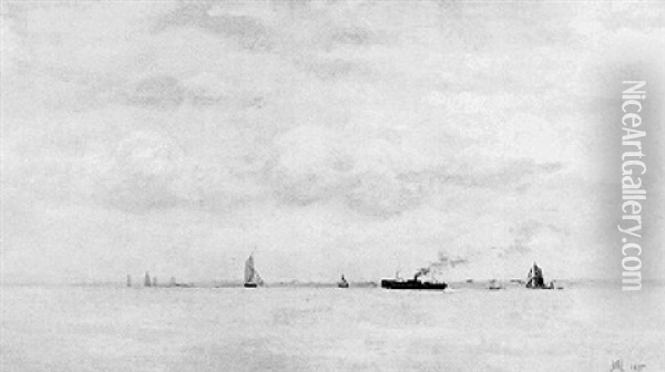 Seascape With Sailboats And Steamer Oil Painting - Alfred Montague