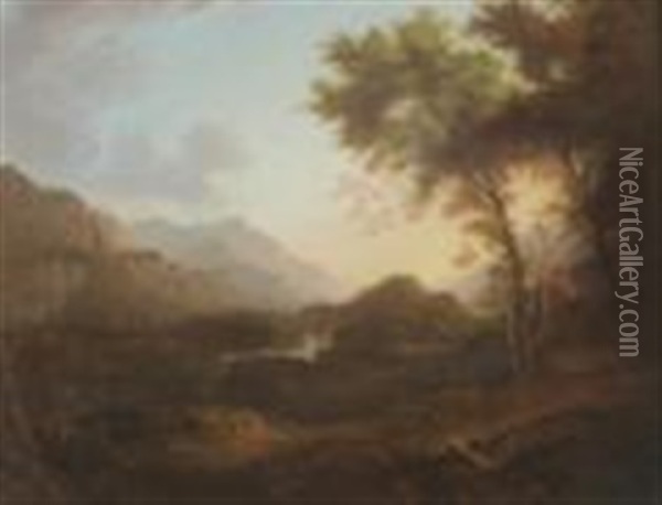Scottish Landscape With Trees Besides A Bridge Oil Painting - Alexander Nasmyth