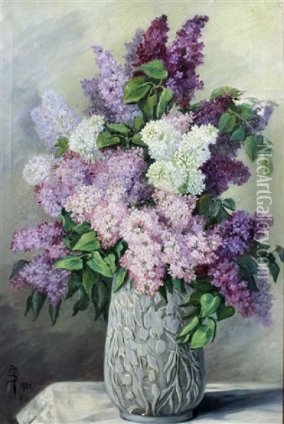 Still Life With Jug Of Purple And White Lilacs Oil Painting - Julia Zsolnay