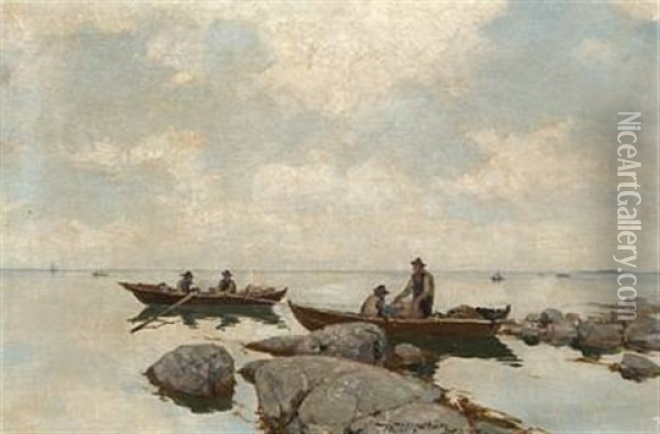 To Robater Med Fiskere Oil Painting - Nicolai Martin Ulfsten