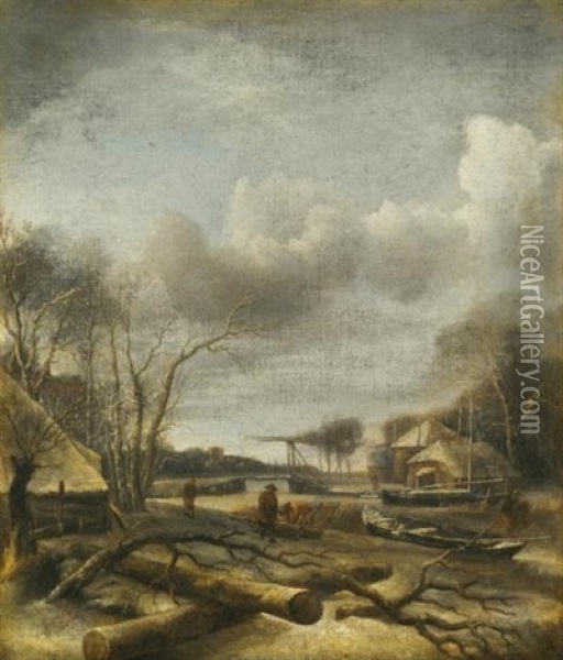 Winter Landscape With A Man Fixing A Sled At The Edge Of A Frozen River Oil Painting - Jan Van De Cappelle