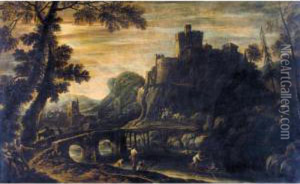A Rocky River Landscape With Fishermen And Other Figures By A
 Bridge, A Castle And Village Beyond Oil Painting - Giovanni Niccolo Servandoni