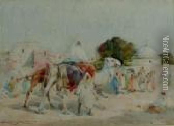 Arabs And Camels Outside A Walled Village Oil Painting - Edward Aubrey Hunt