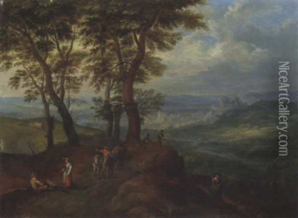 An Extensive Wooded Landscape With Peasants On A Path, A Town Beyond Oil Painting - Jan Brueghel the Elder
