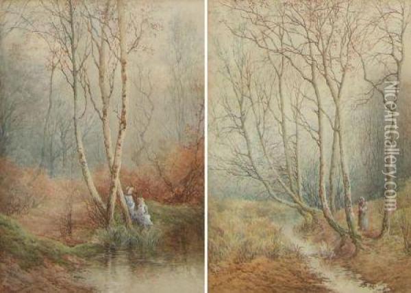 Figures In Autumn Wooded Landscapes Oil Painting - S. Bowers