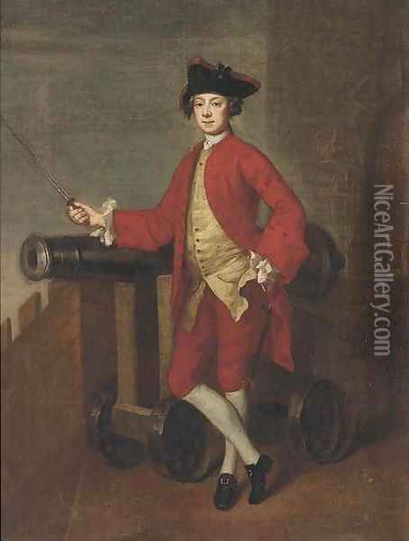 Portrait of an officer, small full-length, on a battlement, resting his arm on a canon Oil Painting - Edward Penny