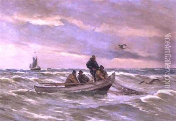 Marine Med Fiskere Der Traekker Vod Oil Painting - Carl Ludvig Thilson Locher