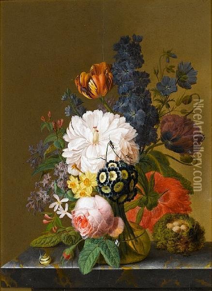 Primroses, Daffodils, A Rose, A Poppy Andother Flowers In A Glass Vase On A Stone Ledge, With A Snail And Abird's Nest Oil Painting - Pieter Faes