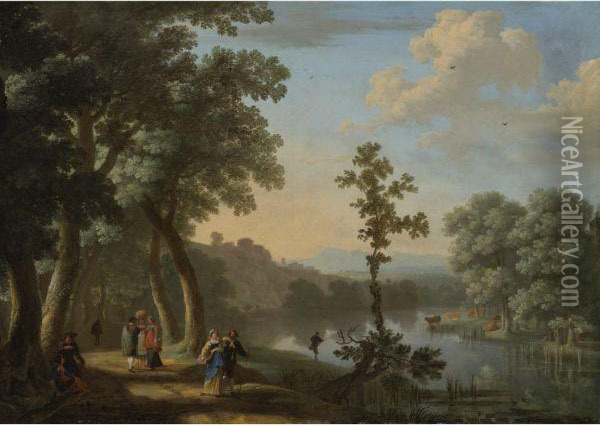 An Italianate River Landscape 
With Figures Along A Path, Afisherman And Cattle Watering On The 
Opposite Bank Oil Painting - Herman Van Swanevelt