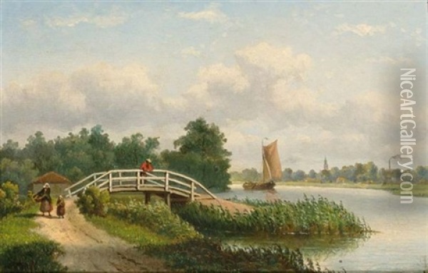 A Summer Landscape With Figures Along The River Oil Painting - Johannes Jacobus Antonius Hilverdink