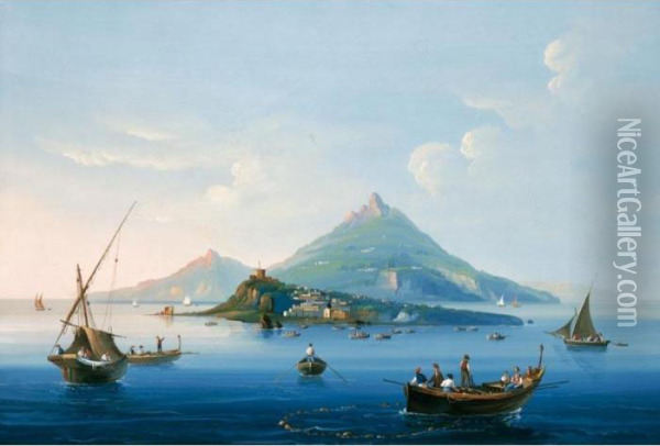 Veduta Di Procida Da Ischia Oil Painting - Gioacchino La Pira