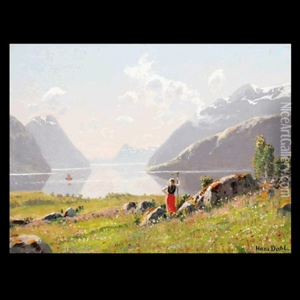 A Young Beauty At The Fjord Oil Painting - Hans Dahl