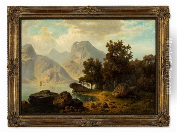 Alpine Lake Oil Painting - Theodor (Wilhelm T.) Nocken