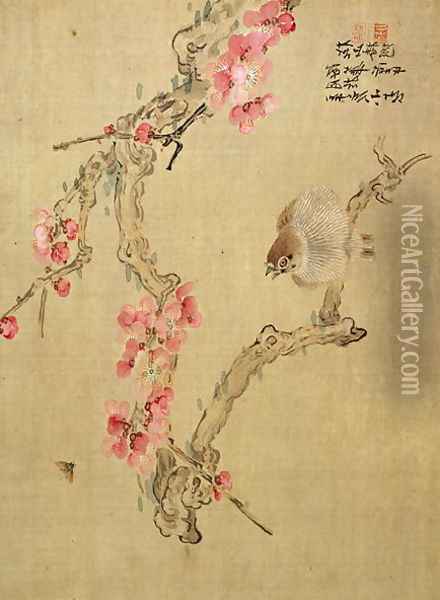 Tree blossom and bird, from an album of twelve studies of flowers, birds and fish Oil Painting - Tsubaki Chinzan