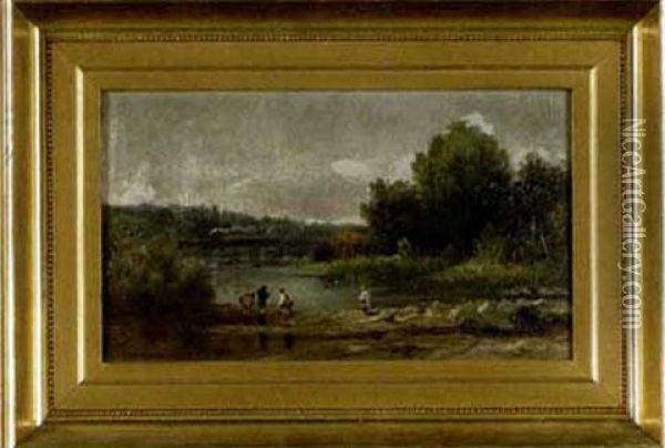 Landscape With Children Fishing In A Stream Oil Painting - Charles Jones Way