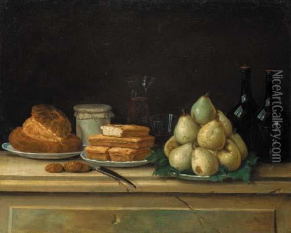 Pears And Bread On Plates, With Bottles Of Wine And Glasses On A Stone Ledge Oil Painting - Claude Joseph Fraichot