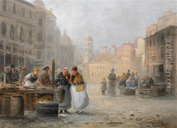 At The Fish Market Oil Painting - Emil Barbarini
