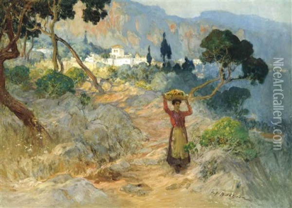 A Maiden Carrying Oranges Before An Italian Village Oil Painting - Frederick Arthur Bridgman