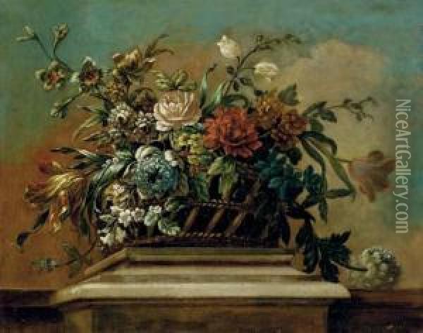 Roses, Tulips And Other Flowers In A Basket On A Ledge Oil Painting - Jean Baptiste Belin de Fontenay