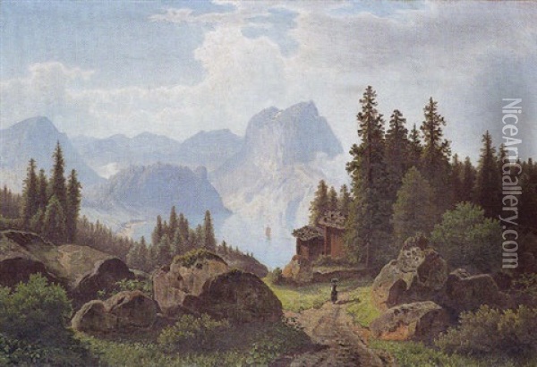 Gebirgslandschaft Mit See Oil Painting - Theodor (Wilhelm T.) Nocken