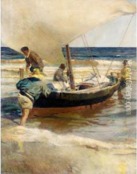 Regreso De La Pesca, Valencia (after The Catch, Valencia) Oil Painting - Enrique Martinez Cubells y Ruiz