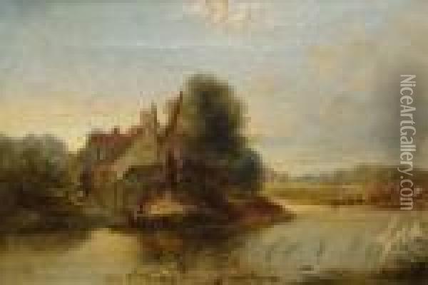 River Landscape With Figure And Boats By A Cottage Oil Painting - Alfred Vickers