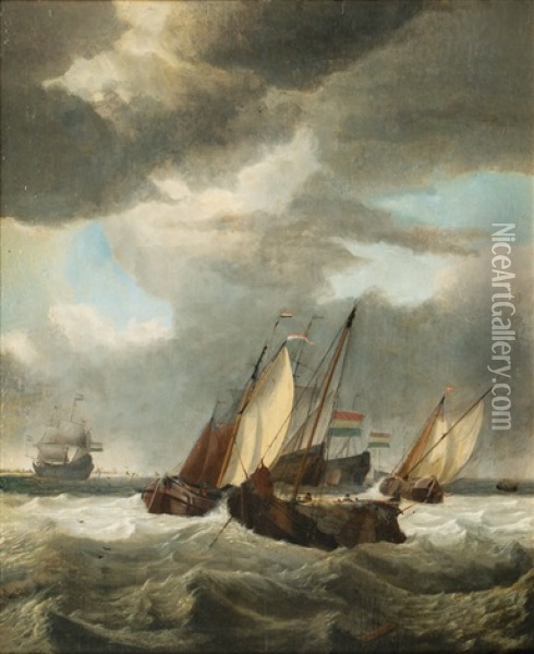 Dutch Man'o'wars And Fishing Boats In Choppy Sea Oil Painting - Gerrit Pompe
