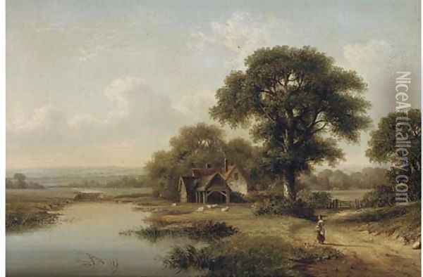 Figure on a beaten track, a cottage and sheep beyond Oil Painting - William Heath