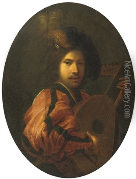 A Young Gentleman Playing A Lute Oil Painting - Alexis Grimou