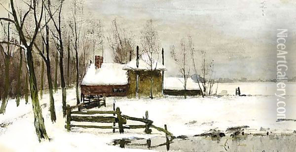 A Farm In A Winter Landscape Oil Painting - Geo Poggenbeek