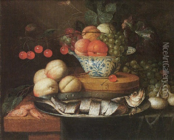 Still Life Of Fruits In A Blue And White Bowl, Together With Peaches, Grapes, Prawns, Onions And Herring On A Pewter Dish On A Partly Draped Table Oil Painting - Jan Pauwel Gillemans The Elder