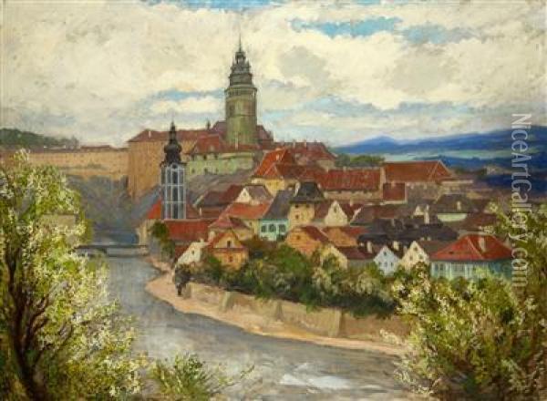 A View Of Cesky Krumlov Oil Painting - Gustav Macoun