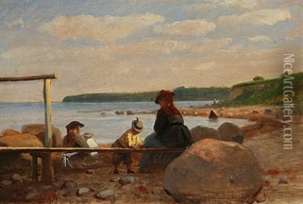 Children And Their Mothers On Lundeborg Beach, Denmark Oil Painting - Anton Laurids Johannes Dorph