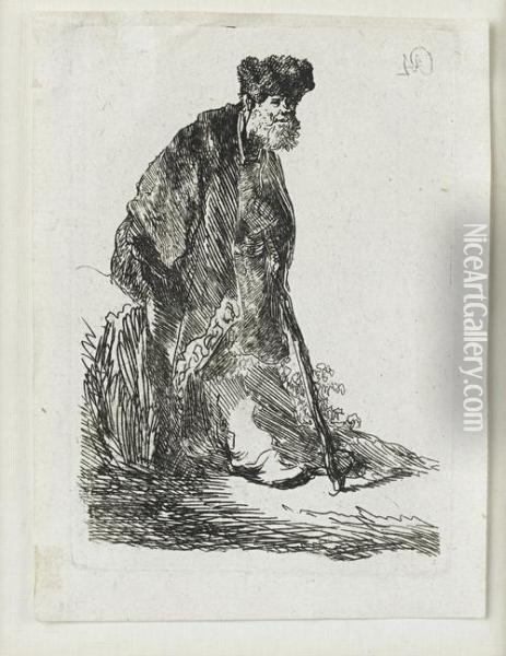 Man In Fur Cap And Cloak Leaning Against A Bank Oil Painting - Rembrandt Van Rijn