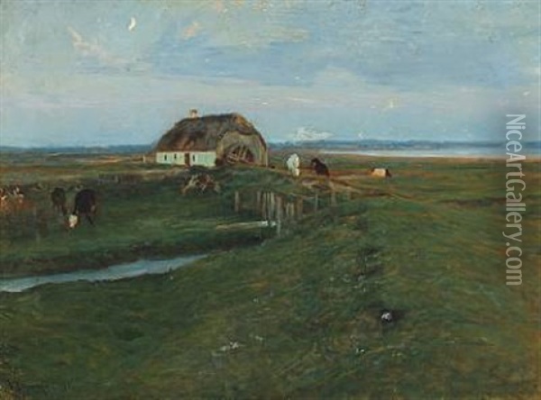 Cattle Grazing In The Fields At Dusk Oil Painting - Viggo Johansen