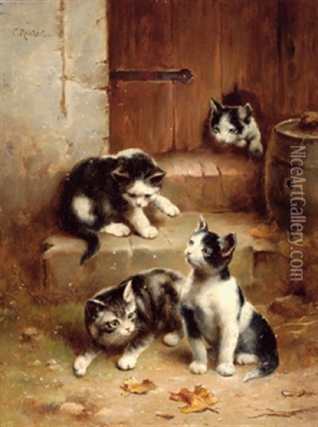 Vier Neugierige Katzenkinder Oil Painting - Carl Reichert