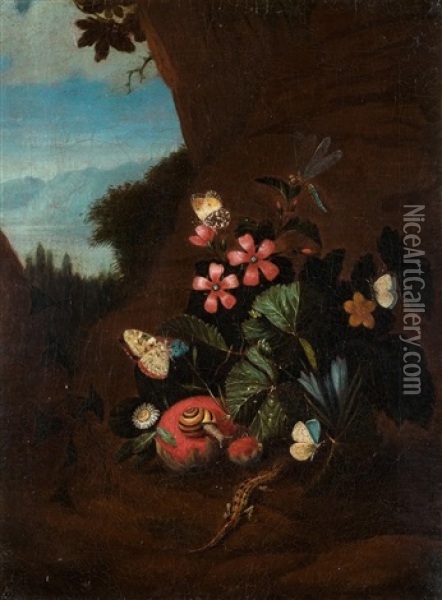 Stilleben Mit Schmetterlingen, Schnecke Und Eidechse Oil Painting - Carl Wilhelm de Hamilton