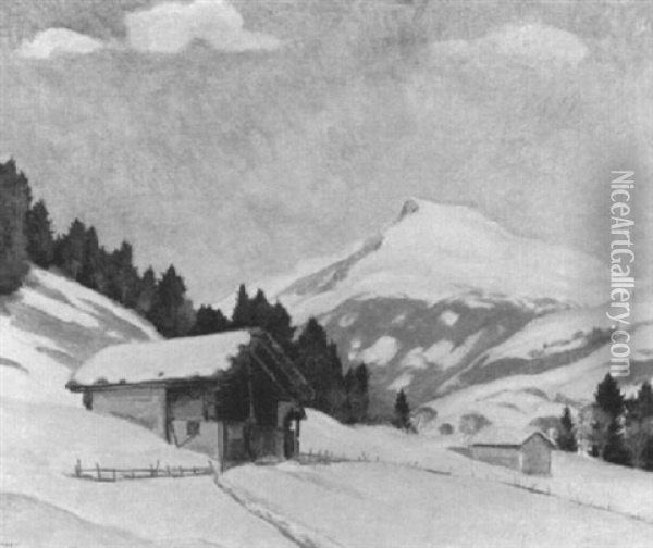 Winterlandschaft Mit Chalets Und Elsighorn Bei Adelboden Oil Painting - Hans Arnold Daepp