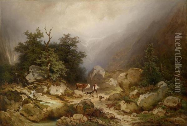Mountain Landscape With Herdsman Oil Painting - Melchior Fritsch