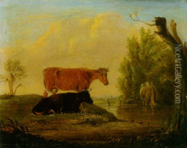 Drei Kuhe An Der Tranke Oil Painting - Edmund Bristow