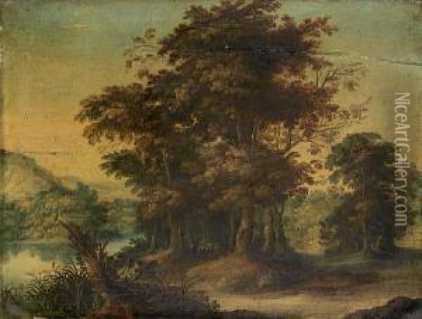 A Wooded River Landscape With A Shepherd And His Flock On A Path Oil Painting - Abraham Govaerts