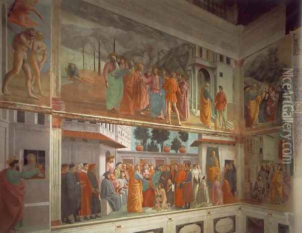 Frescoes in the Cappella Brancacci (left view) 1426-82 Oil Painting - Masaccio (Tommaso di Giovanni)