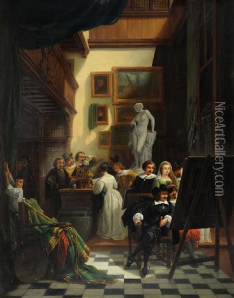 Rembrandt's Studio, Interior Scene Oil Painting - Hendrik Jan Augustyn Leys