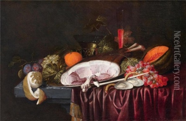 Stillleben Mit Einem Schinken, Austern Und Fruchten Auf Einem Tisch Oil Painting - Jan Pauwel Gillemans The Elder