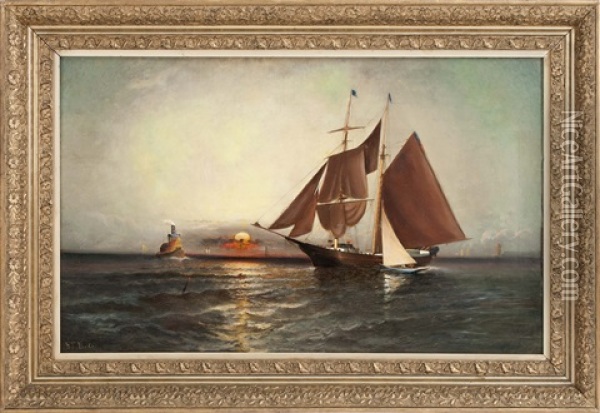 Tug And Schooner Along A Coast At Sunset Oil Painting - Elisha Taylor Baker
